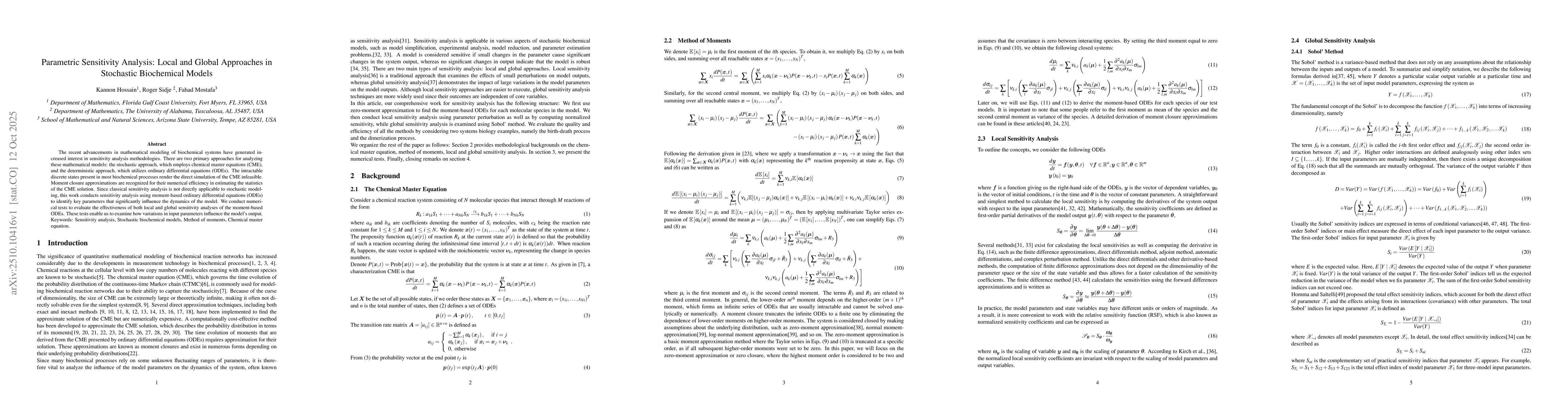 Thumbnail for Parametric Sensitivity Analysis: Local and Global Approaches in
  Stochastic Biochemical Models