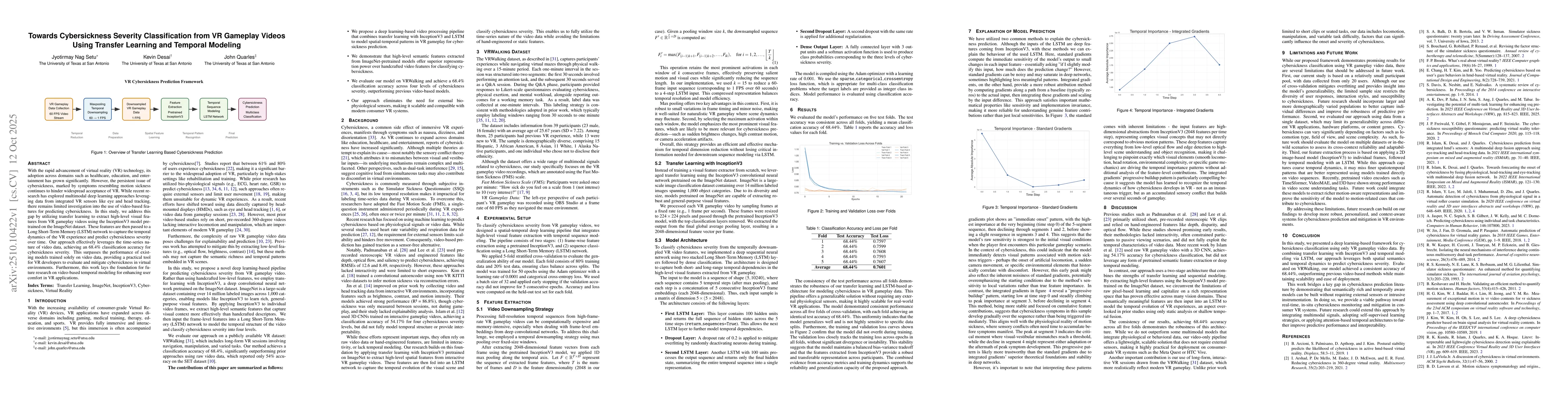 Thumbnail for Towards Cybersickness Severity Classification from VR Gameplay Videos
  Using Transfer Learning and Temporal Modeling