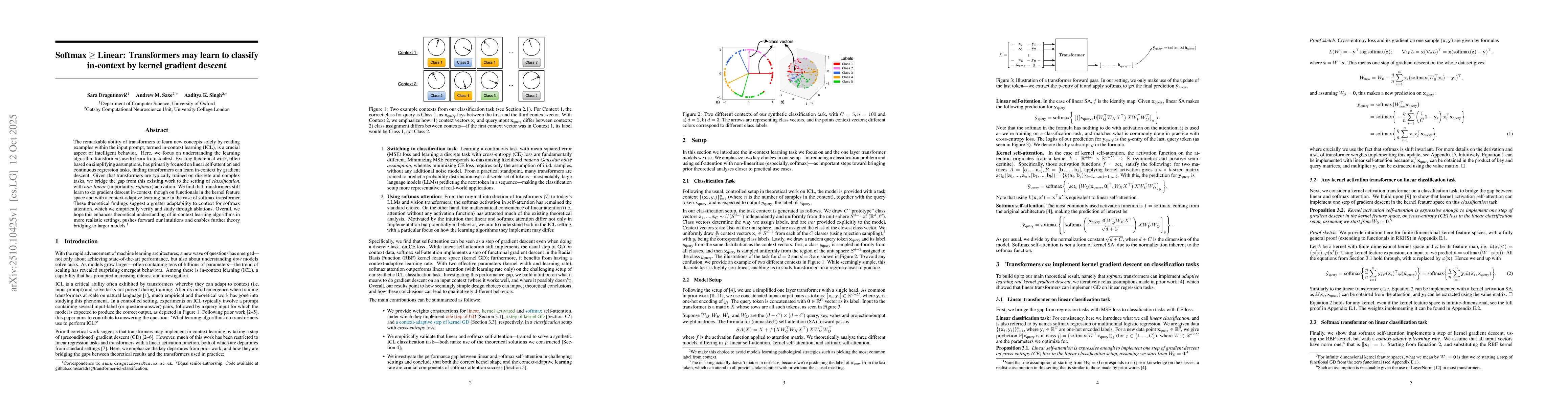 Thumbnail for Softmax $\geq$ Linear: Transformers may learn to classify in-context by
  kernel gradient descent