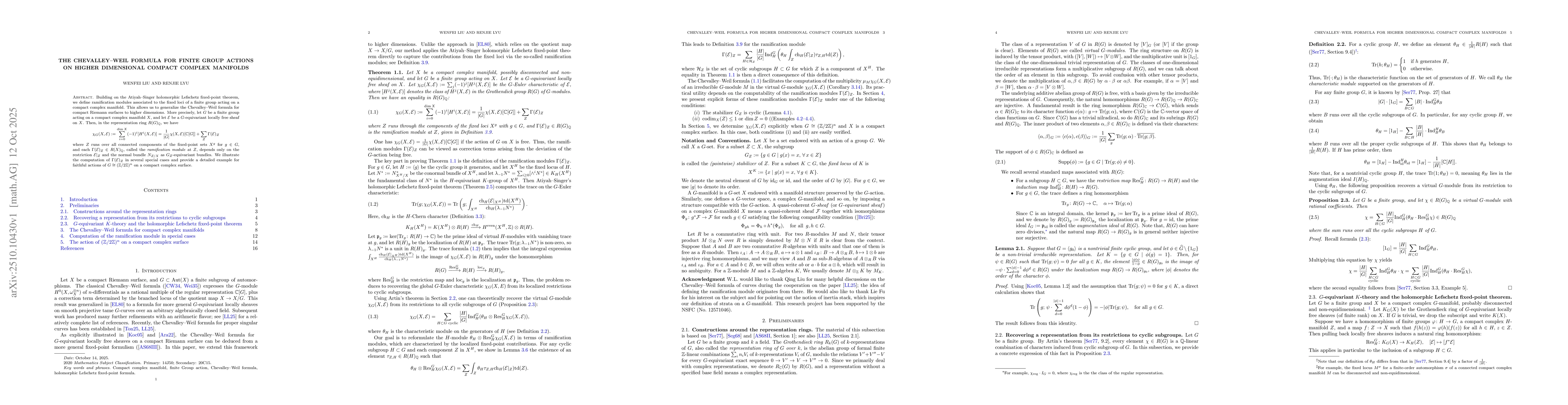 Thumbnail for The Chevalley--Weil formula for finite group actions on higher
  dimensional compact complex manifolds