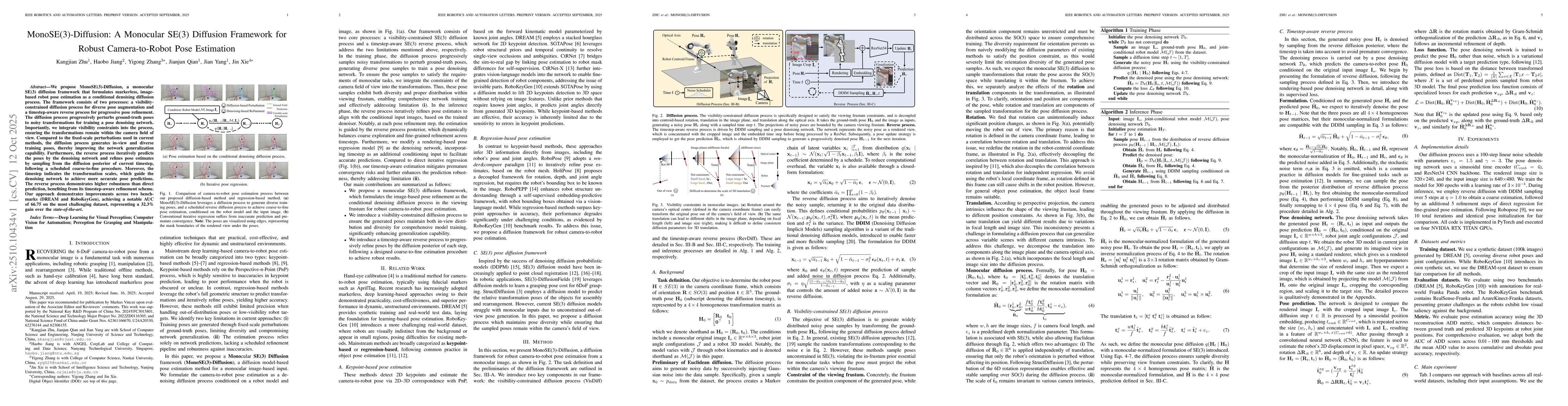 Thumbnail for MonoSE(3)-Diffusion: A Monocular SE(3) Diffusion Framework for Robust
  Camera-to-Robot Pose Estimation