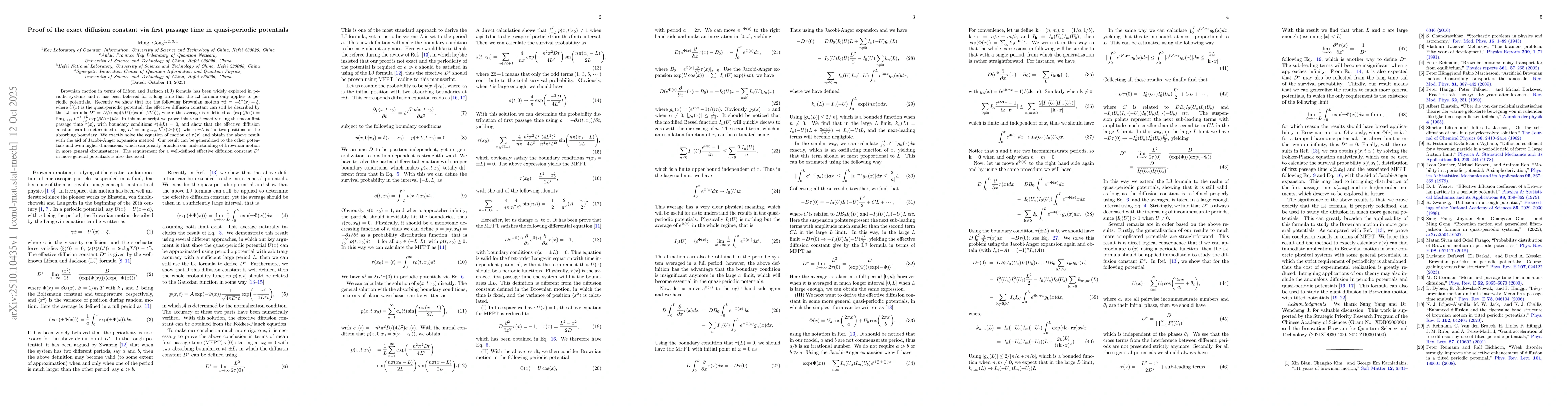 Thumbnail for Proof of the exact diffusion constant via first passage time in
  quasi-periodic potentials