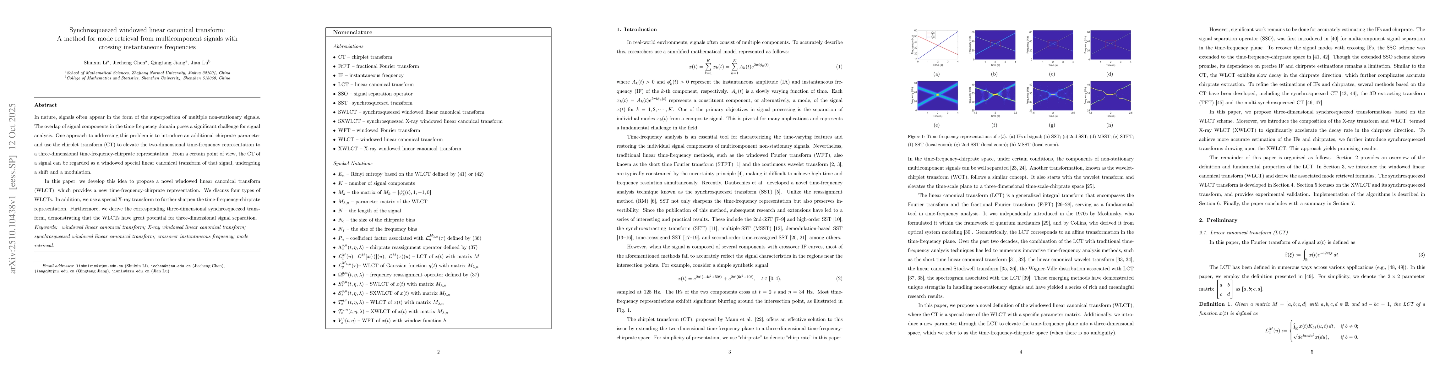 Thumbnail for Synchrosqueezed windowed linear canonical transform: A method for mode
  retrieval from multicomponent signals with crossing instantaneous frequencies
