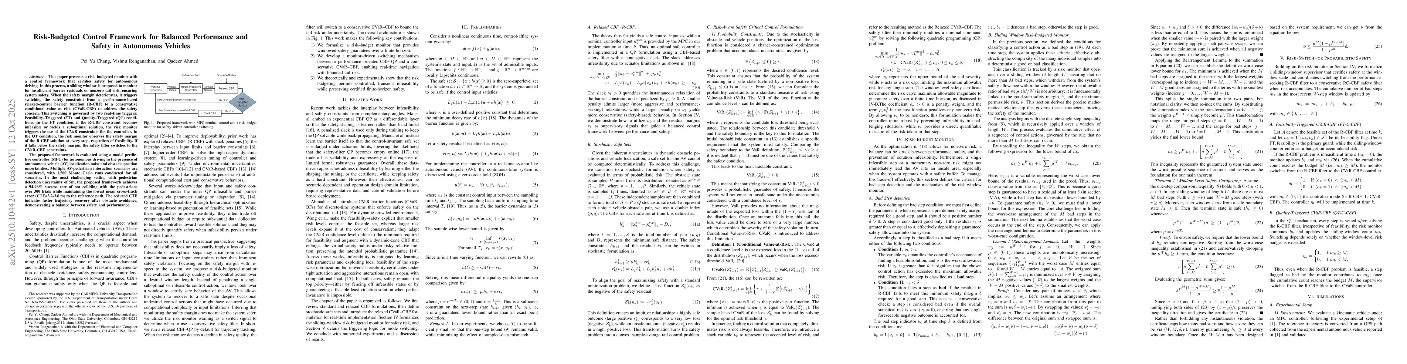 Thumbnail for Risk-Budgeted Control Framework for Balanced Performance and Safety in
  Autonomous Vehicles