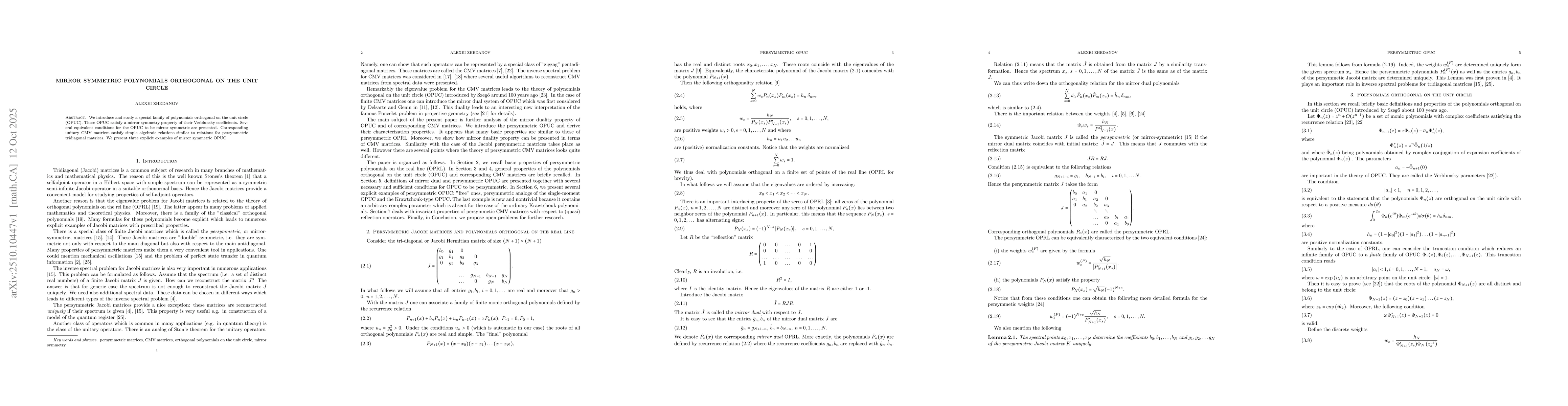 Thumbnail for Mirror symmetric polynomials orthogonal on the unit circle