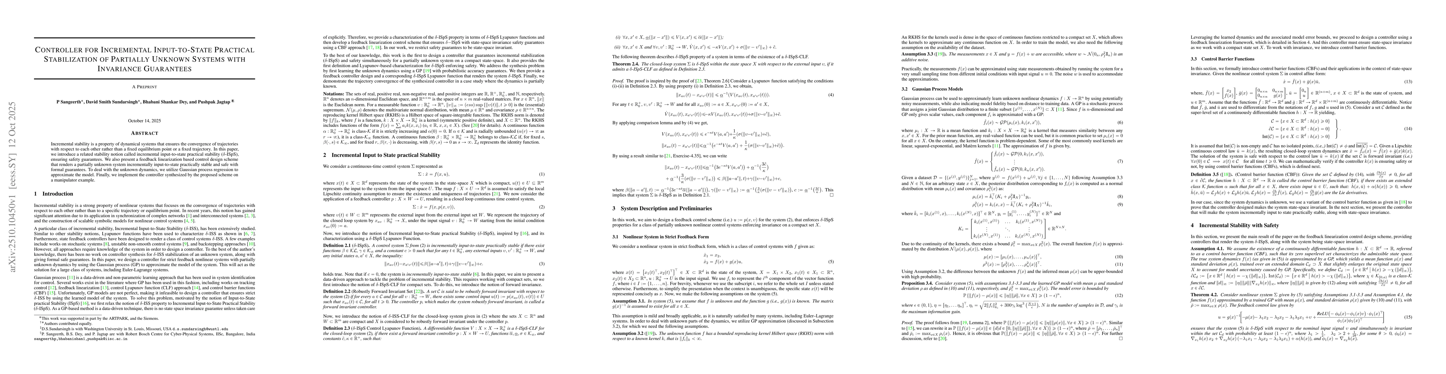 Thumbnail for Controller for Incremental Input-to-State Practical Stabilization of
  Partially Unknown systems with Invariance Guarantees