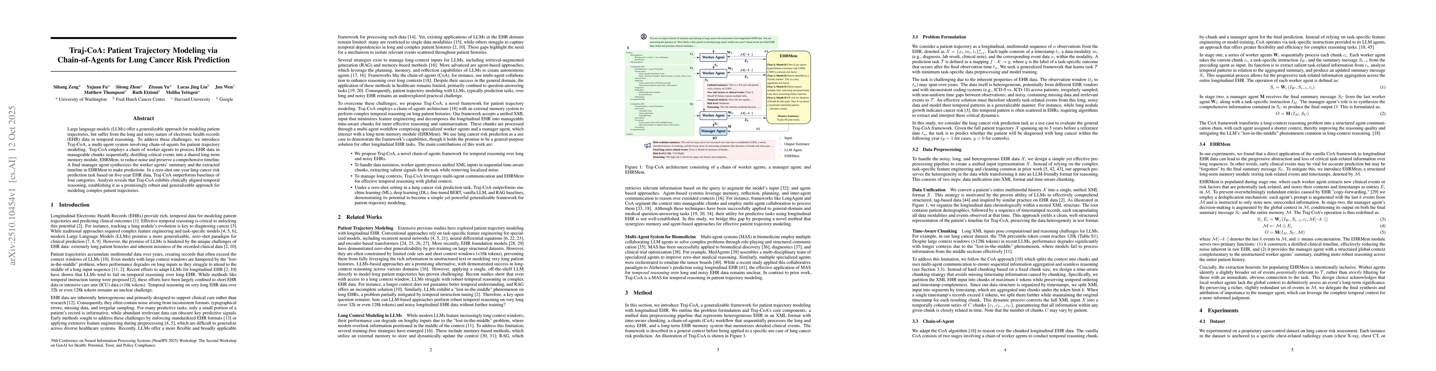 Thumbnail for Traj-CoA: Patient Trajectory Modeling via Chain-of-Agents for Lung
  Cancer Risk Prediction
