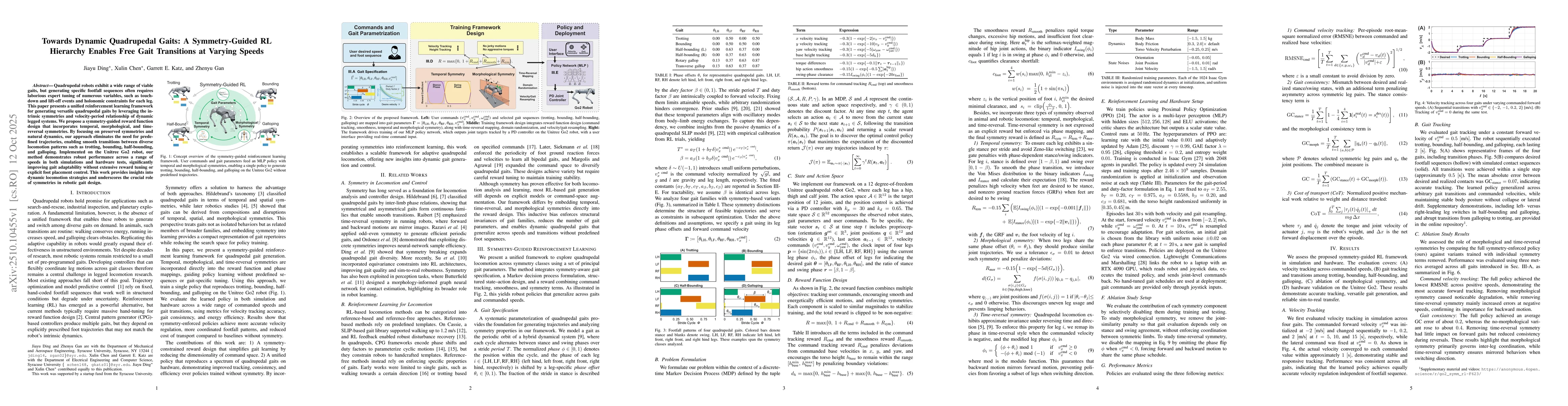 Thumbnail for Towards Dynamic Quadrupedal Gaits: A Symmetry-Guided RL Hierarchy
  Enables Free Gait Transitions at Varying Speeds