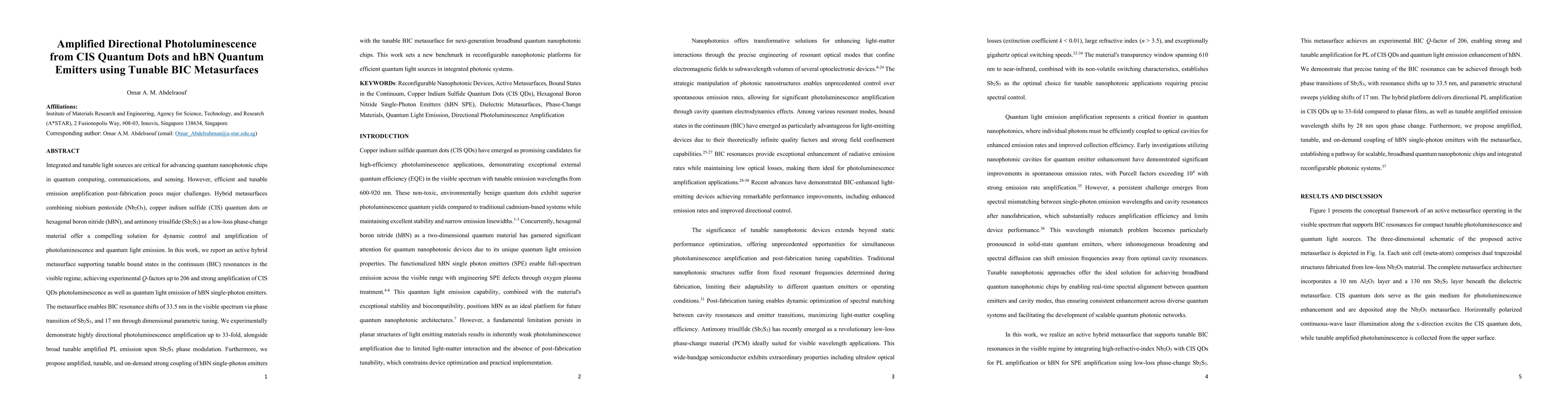 Thumbnail for Amplified Directional Photoluminescence from CIS Quantum Dots and hBN
  Quantum Emitters using Tunable BIC Metasurfaces