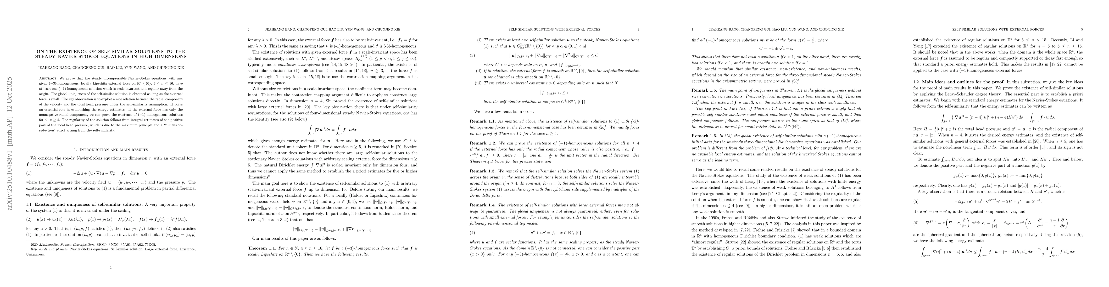 Thumbnail for On the existence of self-similar solutions to the steady Navier-Stokes
  equations in high dimensions