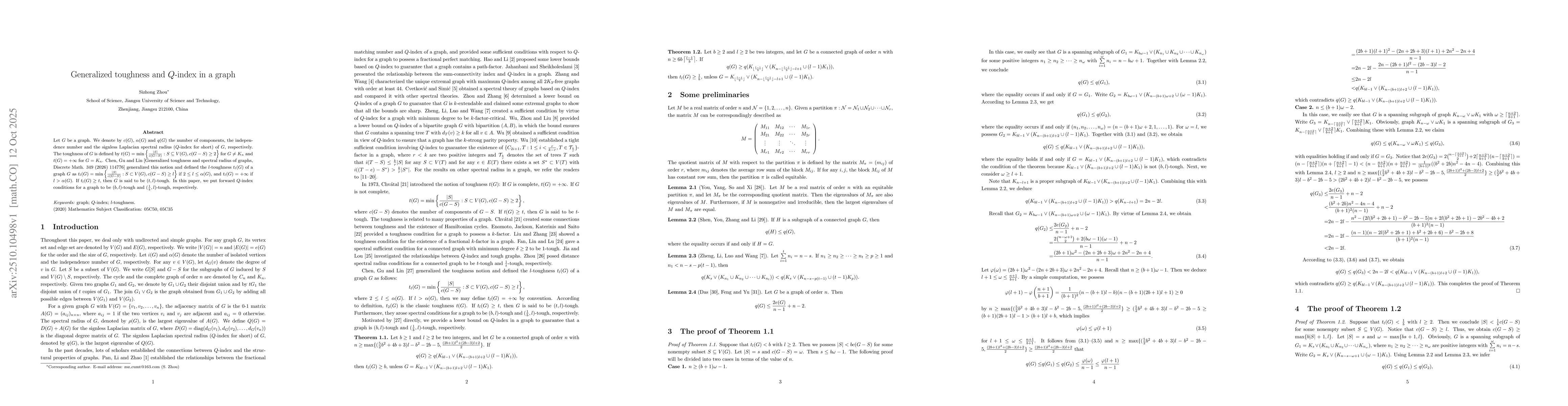 Thumbnail for Generalized toughness and Q-index in a graph