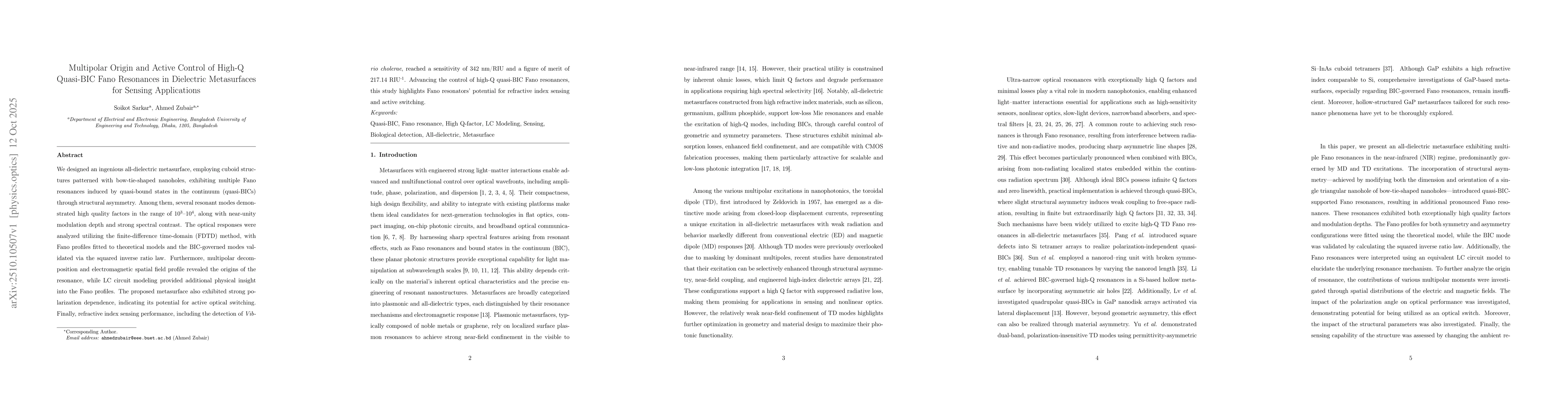 Thumbnail for Multipolar Origin and Active Control of High-Q Quasi-BIC Fano Resonances
  in Dielectric Metasurfaces for Sensing Applications