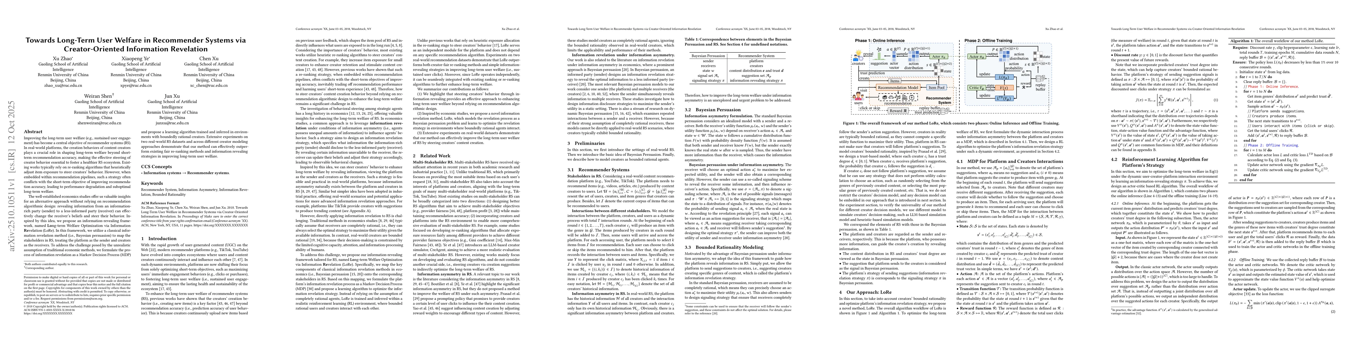 Thumbnail for Towards Long-Term User Welfare in Recommender Systems via
  Creator-Oriented Information Revelation