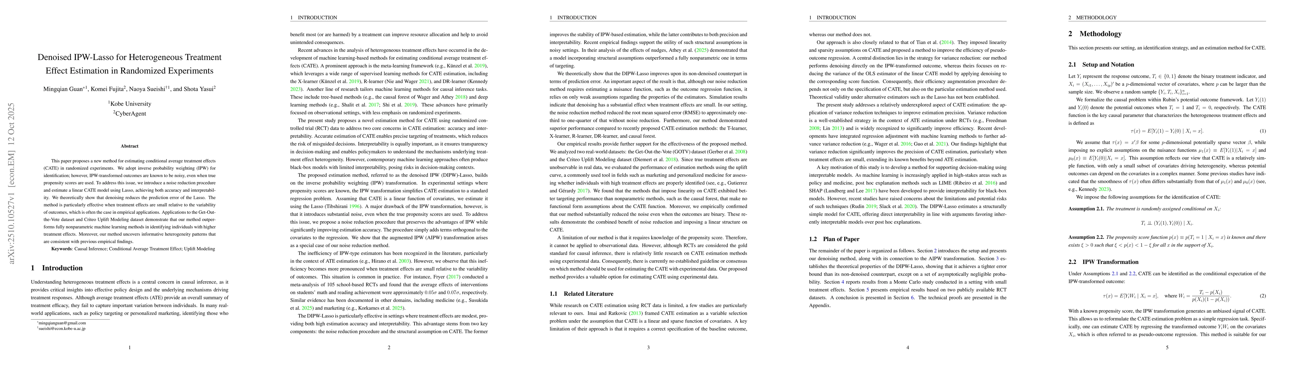 Thumbnail for Denoised IPW-Lasso for Heterogeneous Treatment Effect Estimation in
  Randomized Experiments