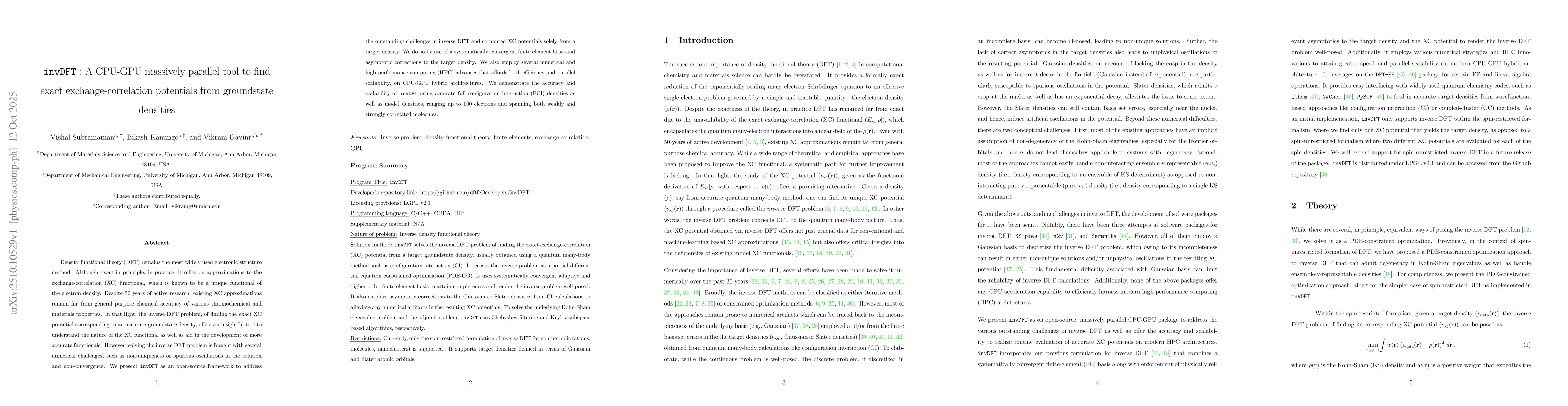 Thumbnail for invDFT: A CPU-GPU massively parallel tool to find exact
  exchange-correlation potentials from groundstate densities