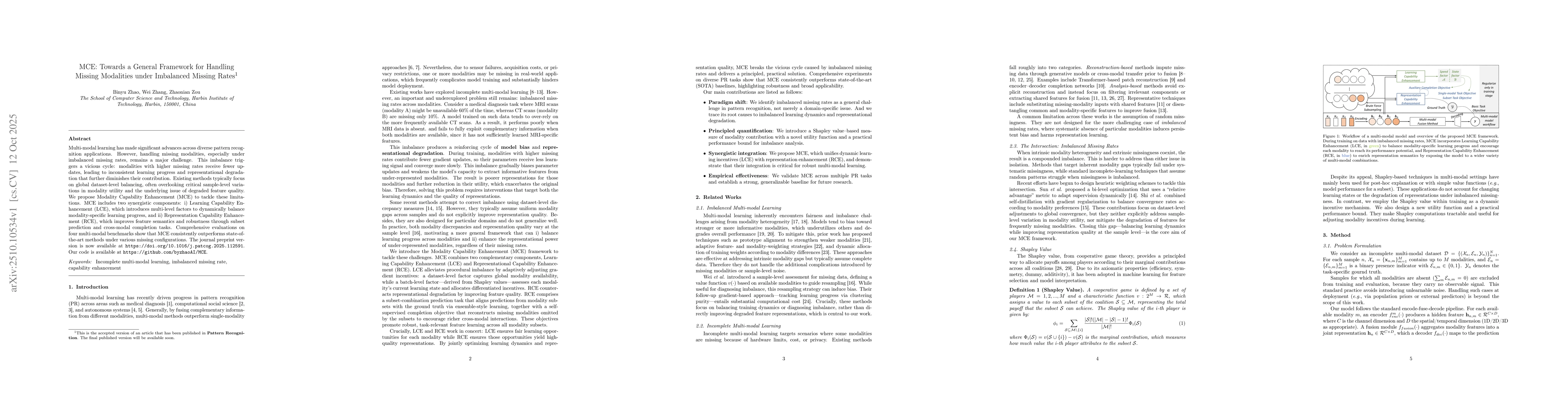 Thumbnail for MCE: Towards a General Framework for Handling Missing Modalities under
  Imbalanced Missing Rates