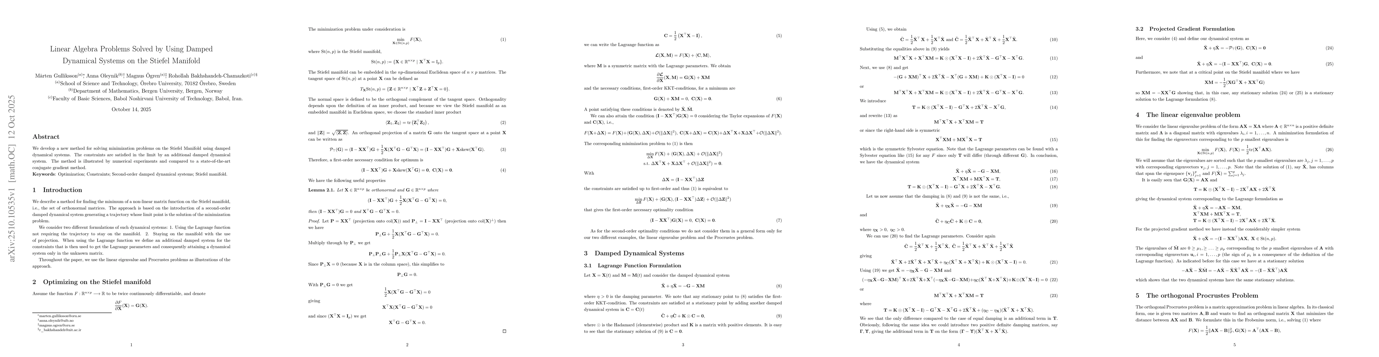 Thumbnail for Linear Algebra Problems Solved by Using Damped Dynamical Systems on the
  Stiefel Manifold