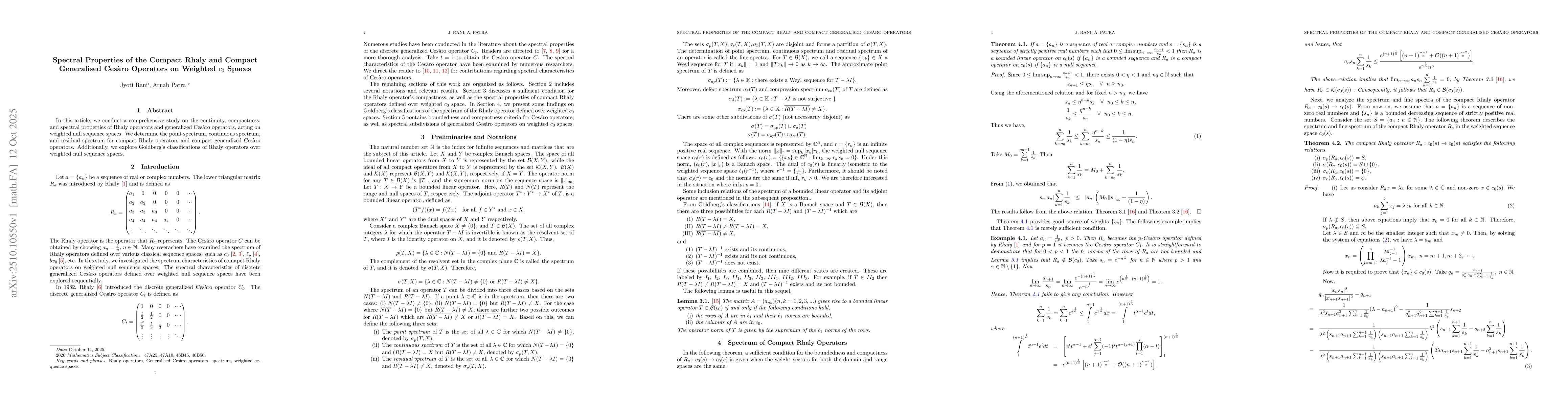 Thumbnail for Spectral Properties of the Compact Rhaly and Compact Generalised
  Ces{à}ro Operators on Weighted $c_0$ Spaces