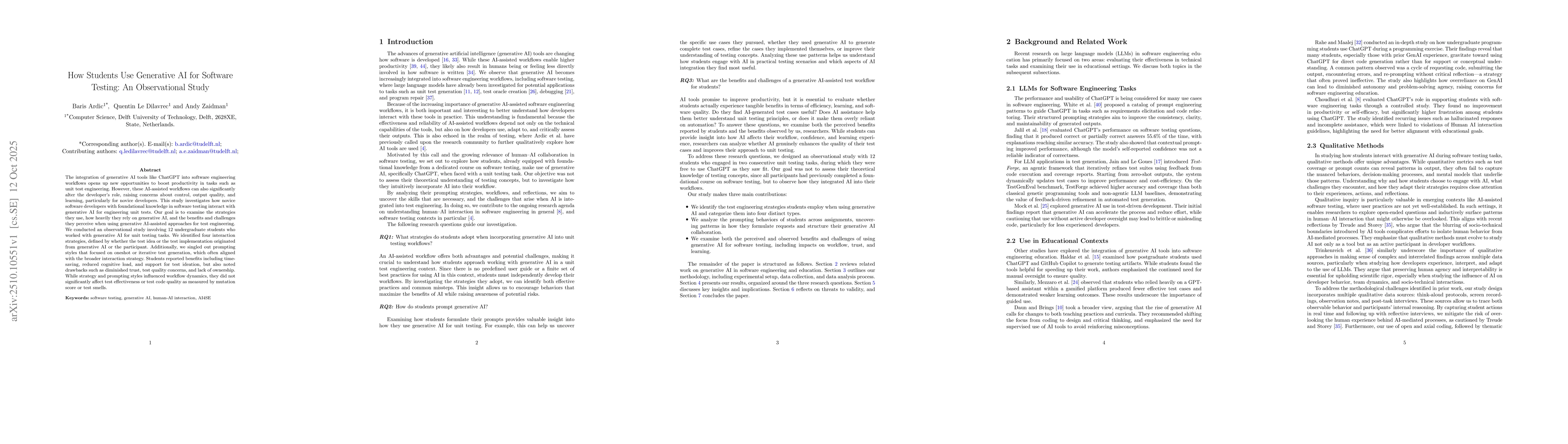 Thumbnail for How Students Use Generative AI for Software Testing: An Observational
  Study