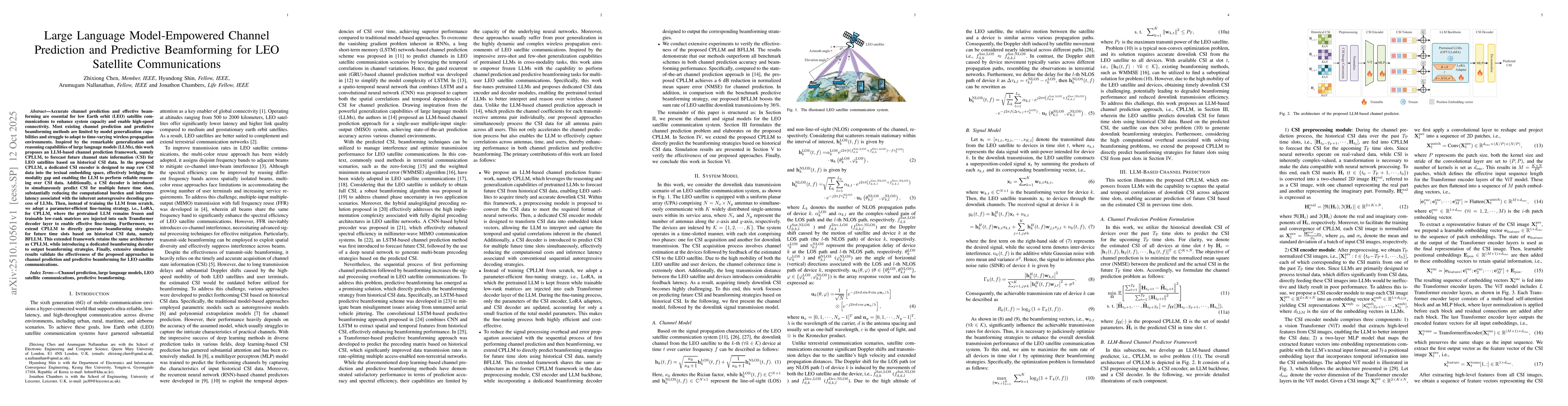 Thumbnail for Large Language Model-Empowered Channel Prediction and Predictive
  Beamforming for LEO Satellite Communications