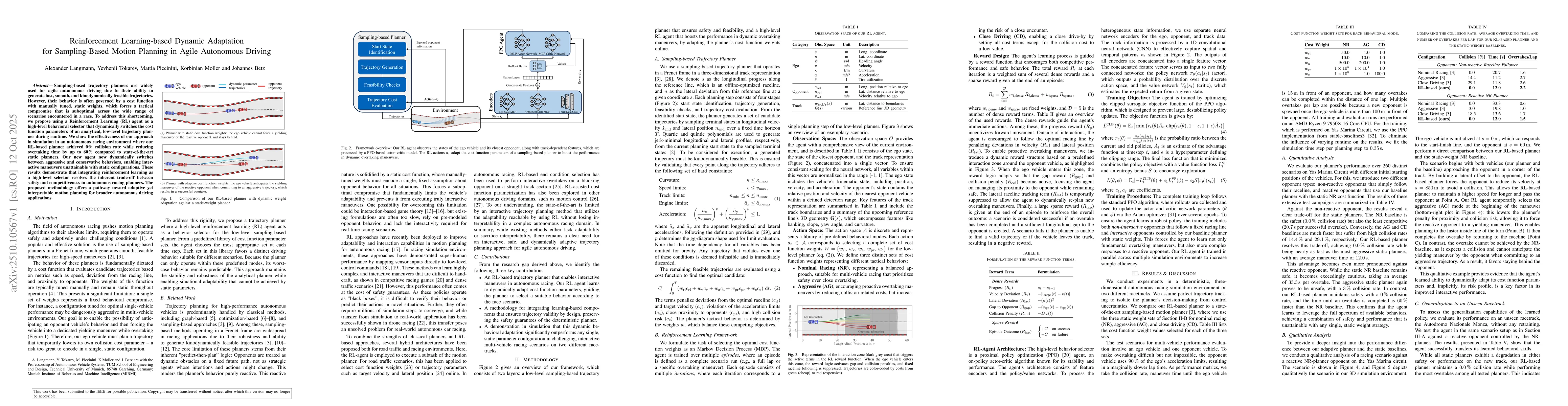 Thumbnail for Reinforcement Learning-based Dynamic Adaptation for Sampling-Based
  Motion Planning in Agile Autonomous Driving