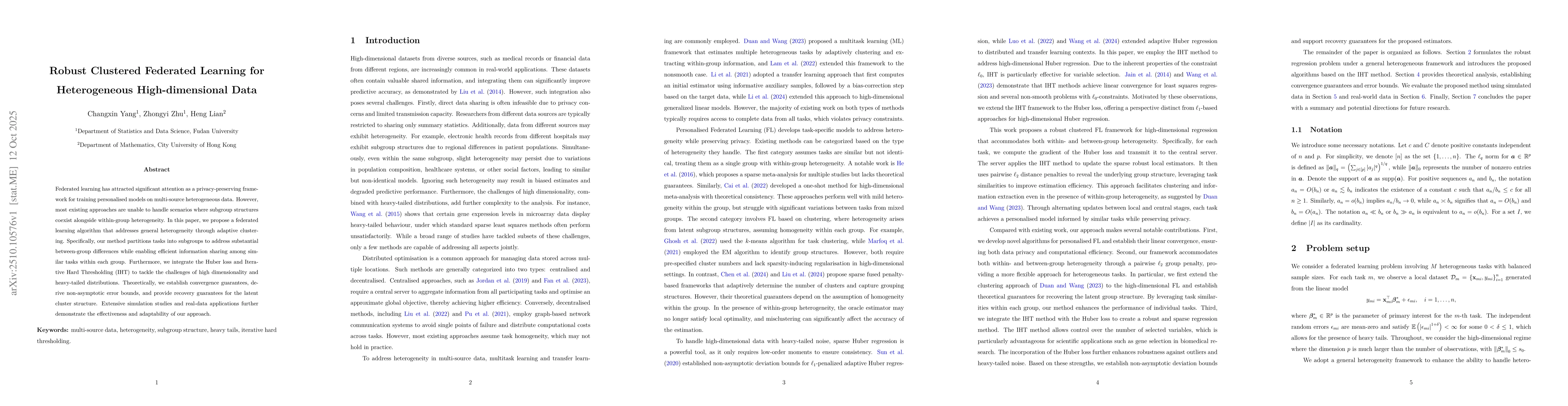 Thumbnail for Robust Clustered Federated Learning for Heterogeneous High-dimensional
  Data