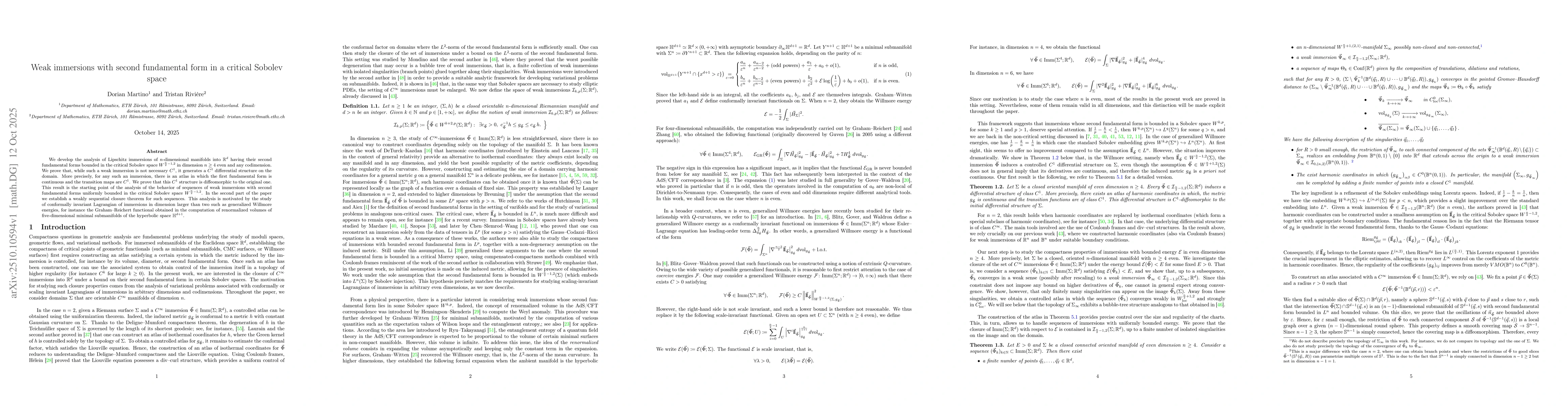Thumbnail for Weak immersions with second fundamental form in a critical Sobolev space
