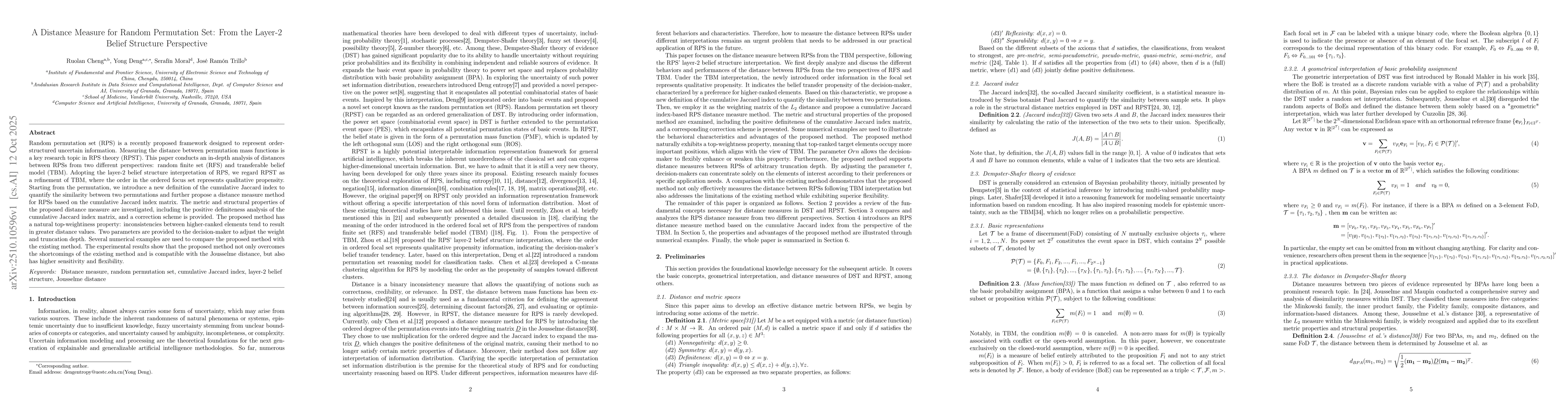 Thumbnail for A Distance Measure for Random Permutation Set: From the Layer-2 Belief
  Structure Perspective