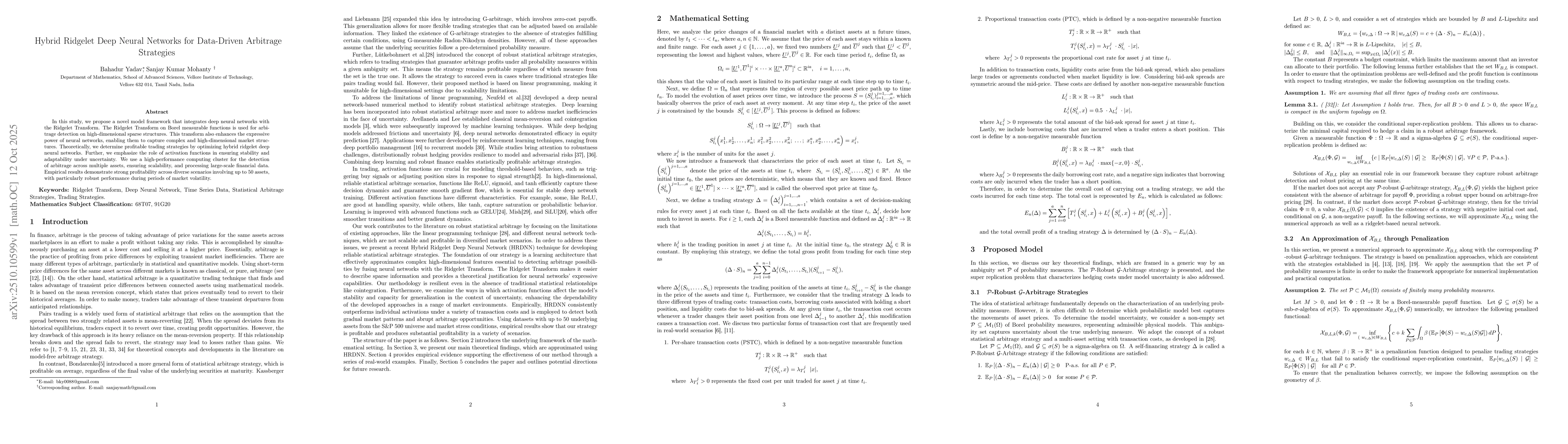 Thumbnail for Hybrid Ridgelet Deep Neural Networks for Data-Driven Arbitrage
  Strategies