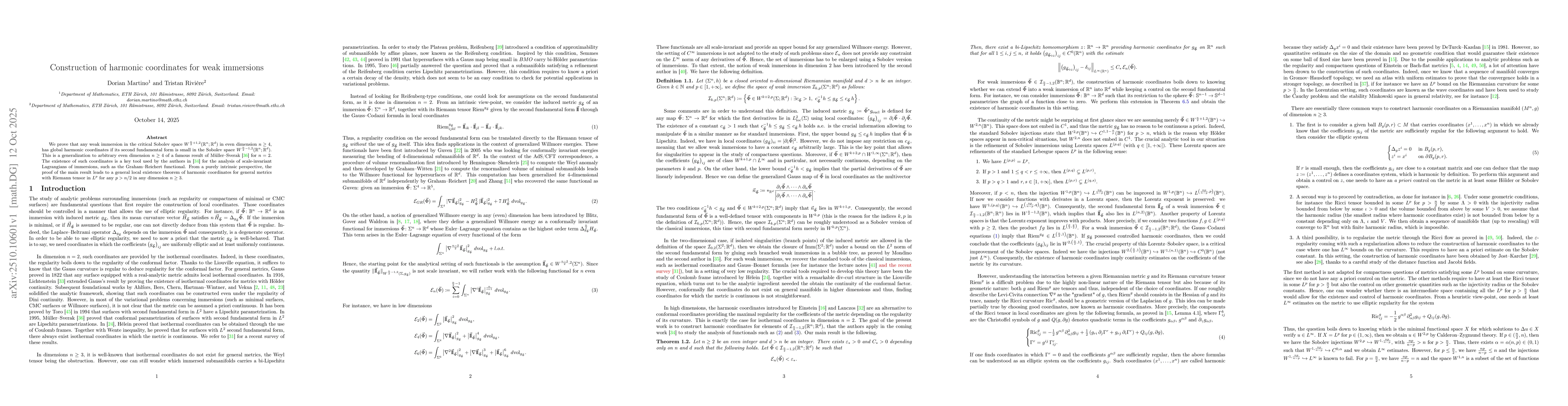 Thumbnail for Construction of harmonic coordinates for weak immersions