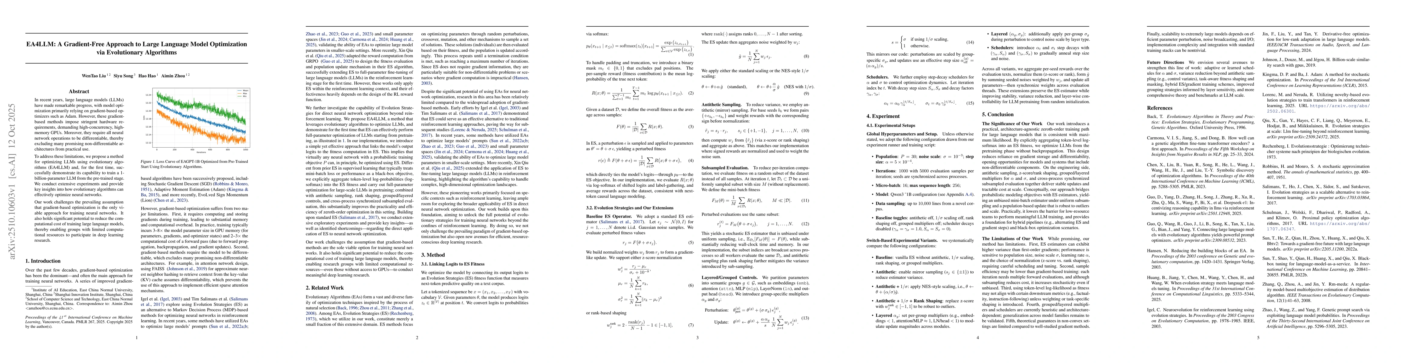 Thumbnail for EA4LLM: A Gradient-Free Approach to Large Language Model Optimization
  via Evolutionary Algorithms
