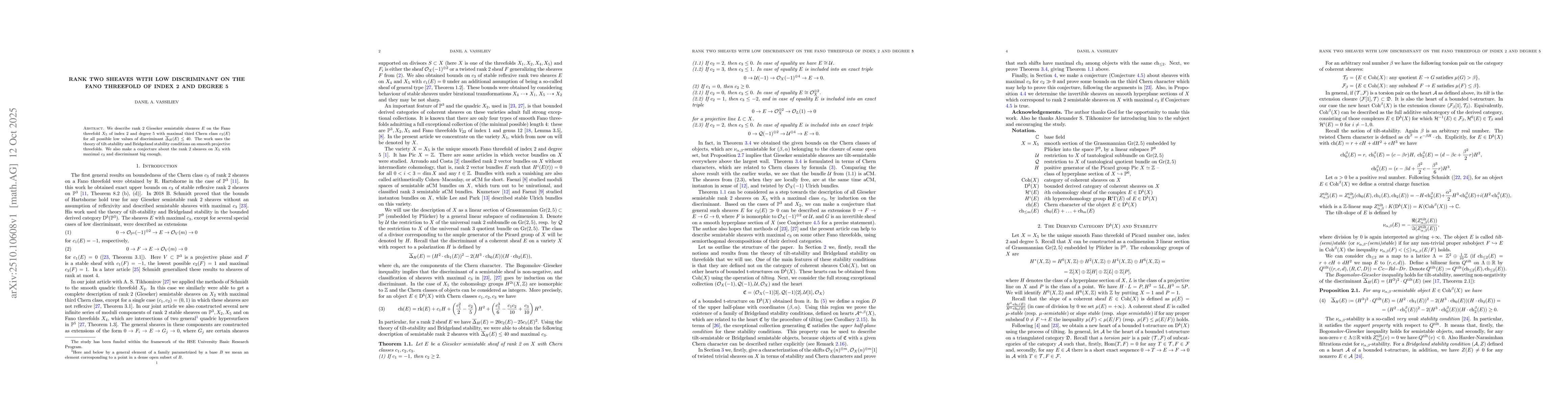 Thumbnail for Rank Two Sheaves With Low Discriminant on the Fano Threefold of Index 2
  and Degree 5