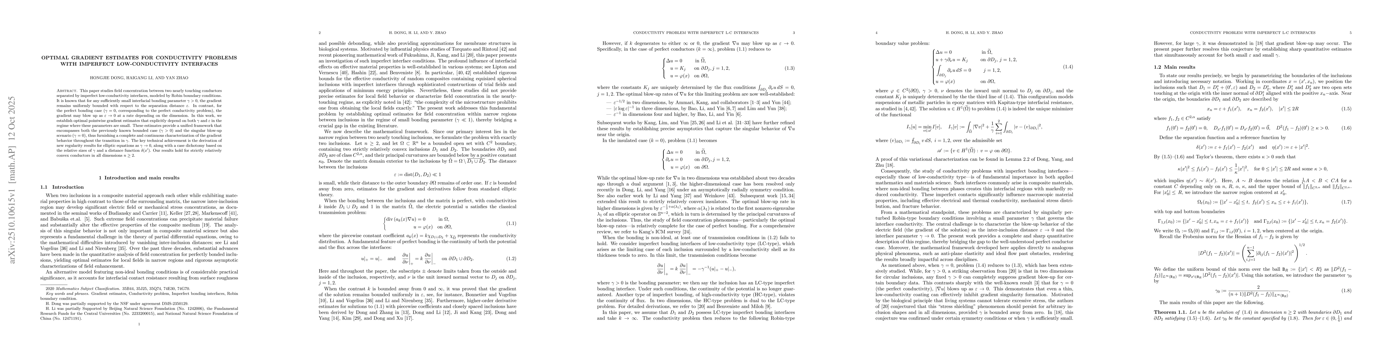 Thumbnail for Optimal gradient estimates for conductivity problems with imperfect
  low-conductivity interfaces