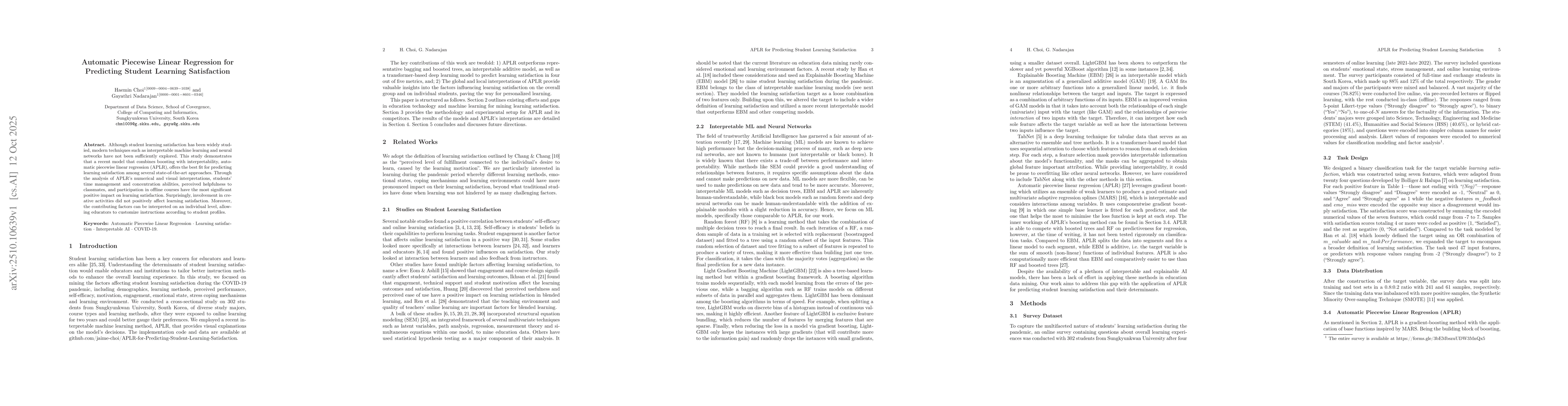 Thumbnail for Automatic Piecewise Linear Regression for Predicting Student Learning
  Satisfaction