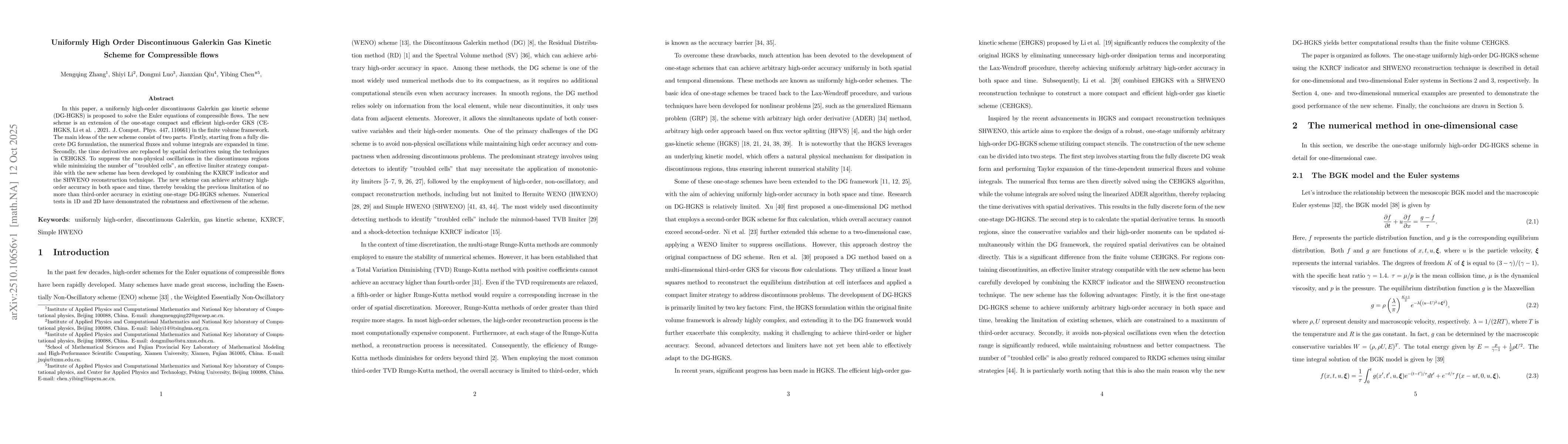 Thumbnail for Uniformly High Order Discontinuous Galerkin Gas Kinetic Scheme for
  Compressible flows