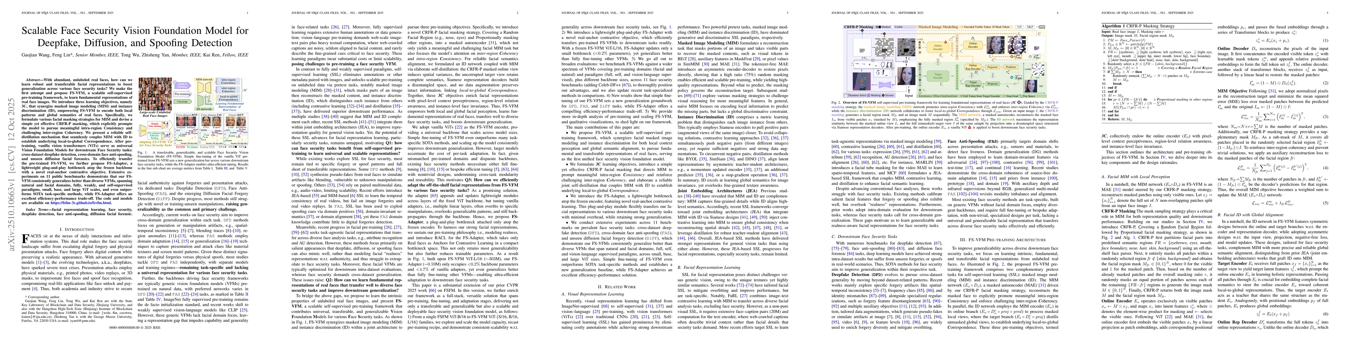 Thumbnail for Scalable Face Security Vision Foundation Model for Deepfake, Diffusion,
  and Spoofing Detection