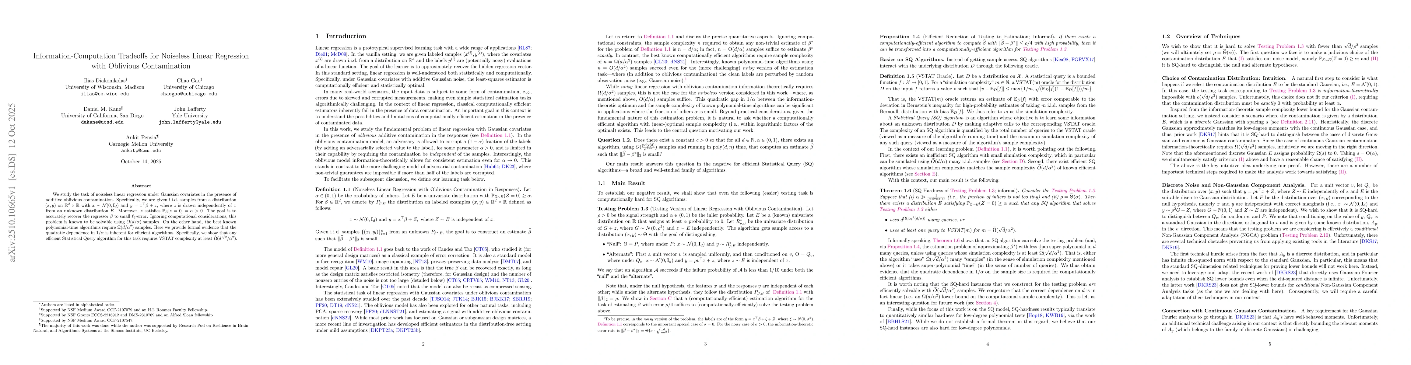 Thumbnail for Information-Computation Tradeoffs for Noiseless Linear Regression with
  Oblivious Contamination
