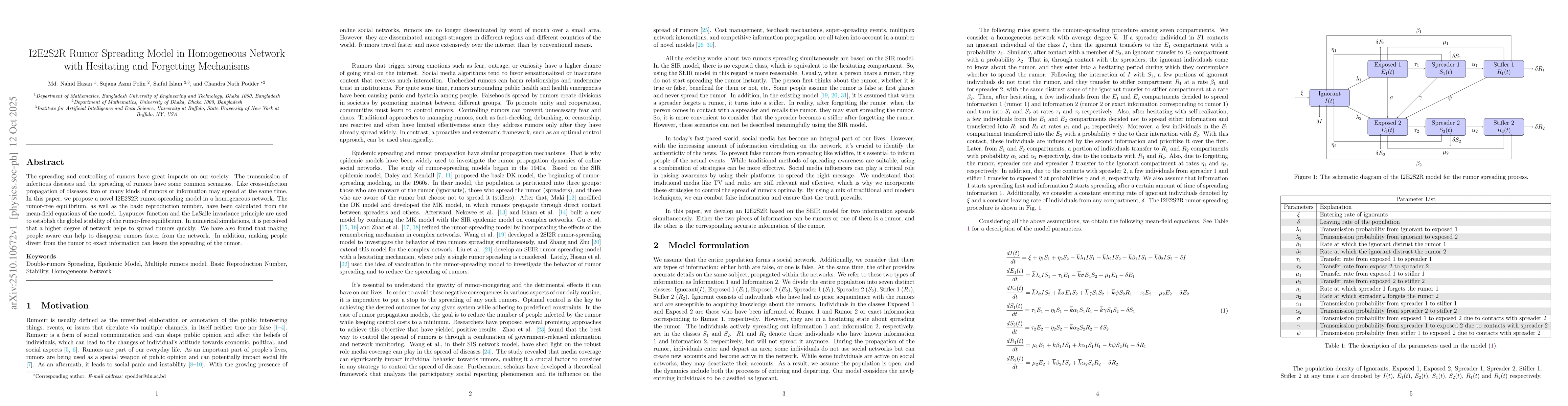 Thumbnail for I2E2S2R Rumor Spreading Model in Homogeneous Network with Hesitating and
  Forgetting Mechanisms