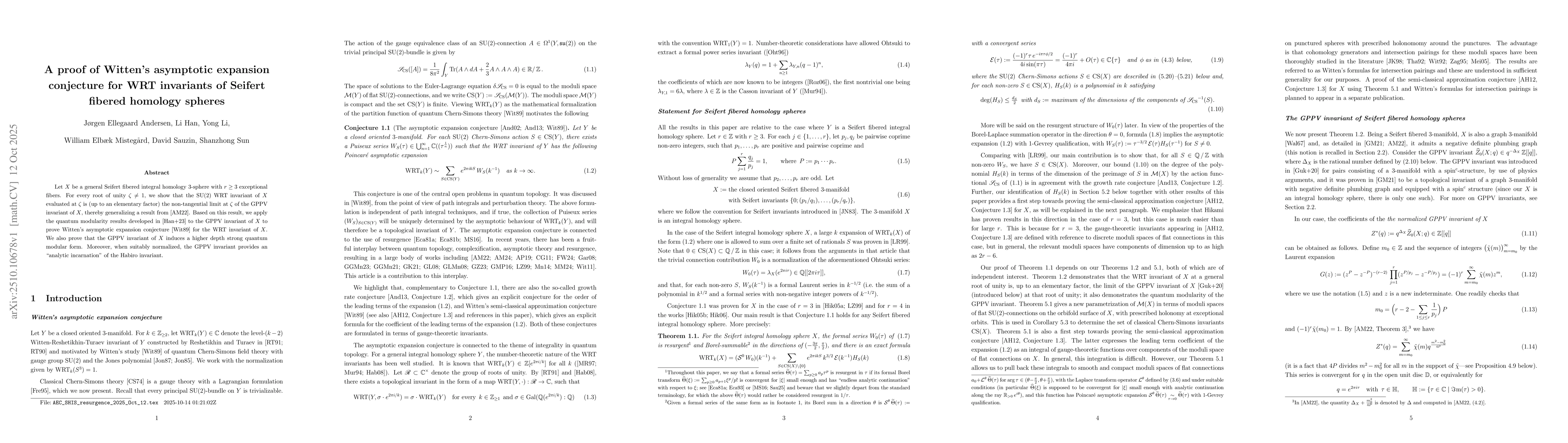 Thumbnail for A proof of Witten's asymptotic expansion conjecture for WRT invariants
  of Seifert fibered homology spheres