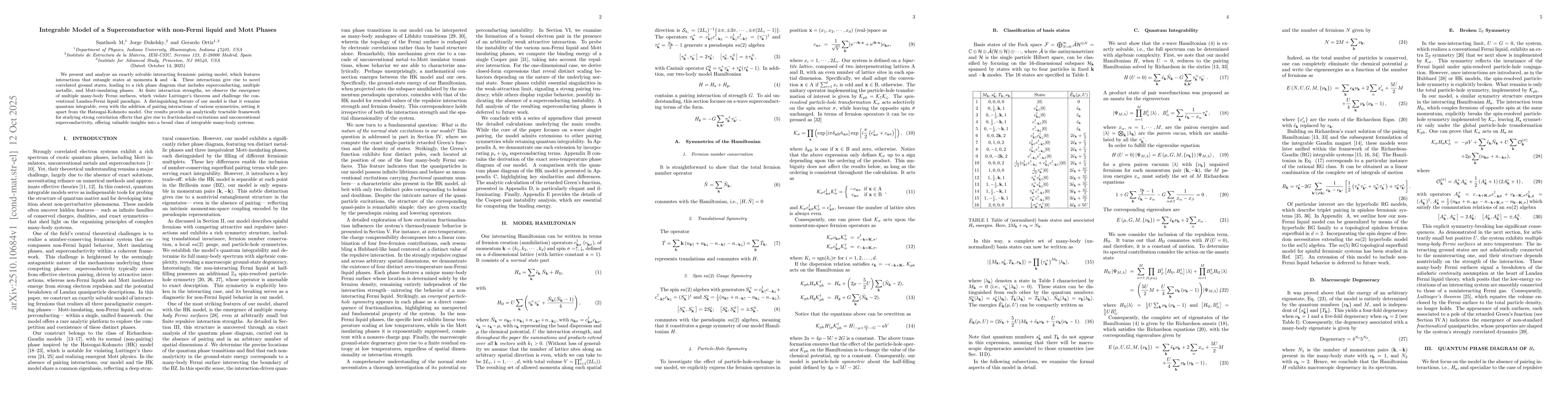 Thumbnail for Integrable Model of a Superconductor with non-Fermi liquid and Mott
  Phases