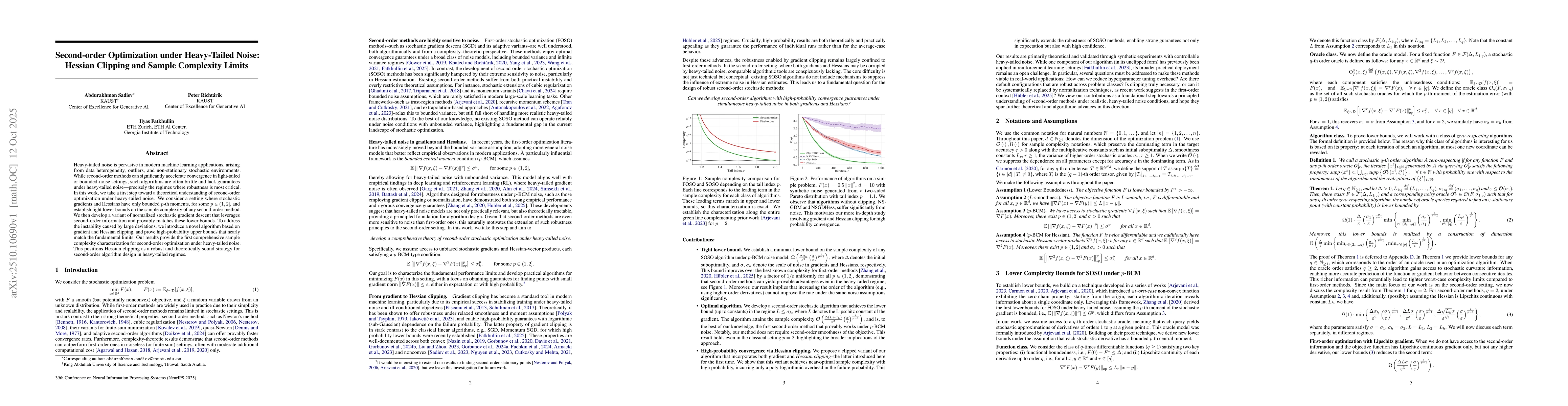 Thumbnail for Second-order Optimization under Heavy-Tailed Noise: Hessian Clipping and
  Sample Complexity Limits