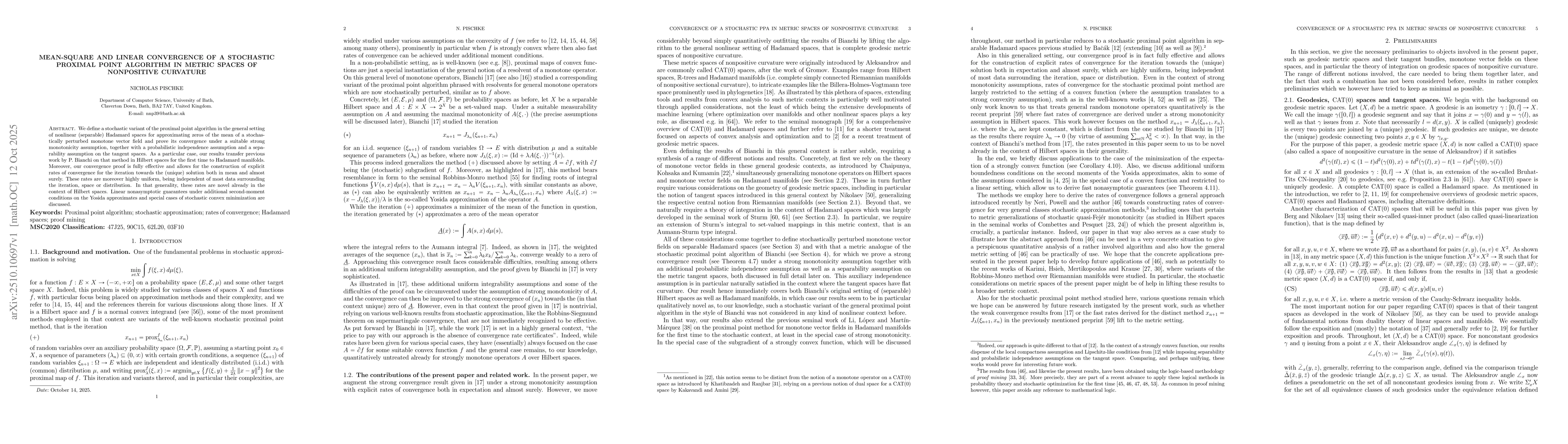 Thumbnail for Mean-square and linear convergence of a stochastic proximal point
  algorithm in metric spaces of nonpositive curvature