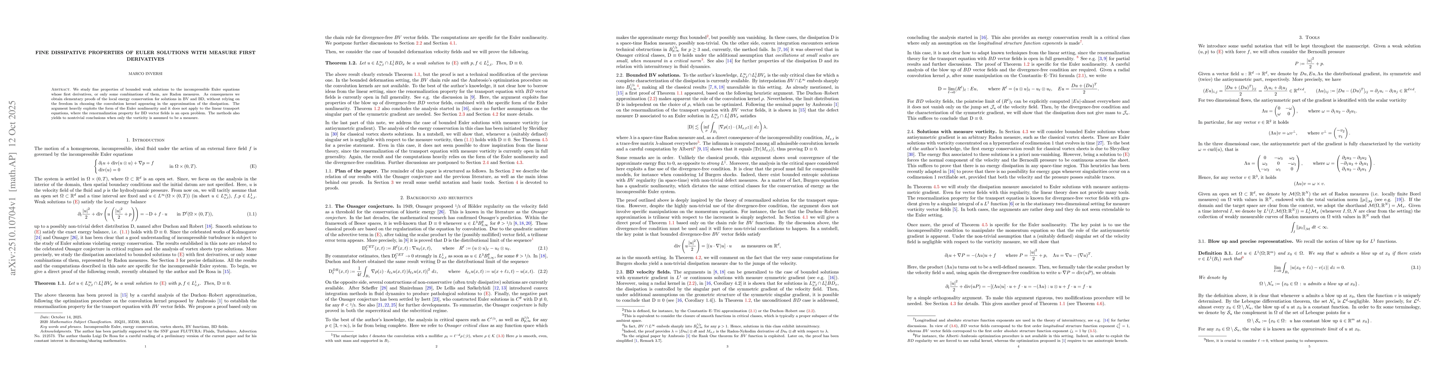 Thumbnail for Fine dissipative properties of Euler solutions with measure first
  derivatives