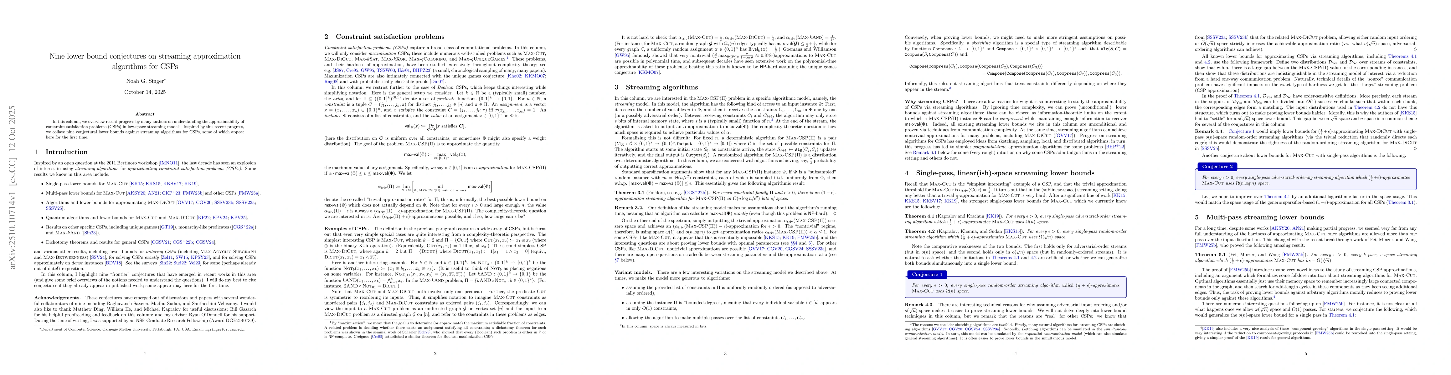 Thumbnail for Nine lower bound conjectures on streaming approximation algorithms for
  CSPs