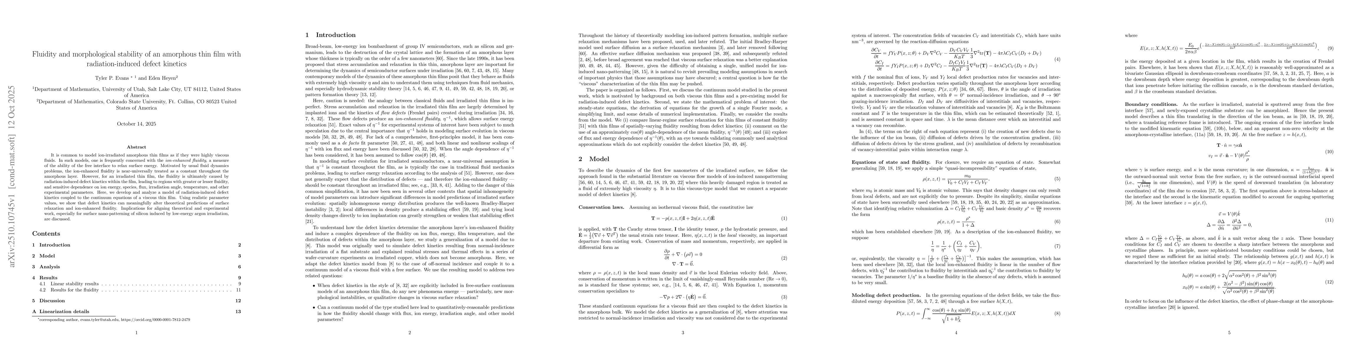 Thumbnail for Fluidity and morphological stability of an amorphous thin film with
  radiation-induced defect kinetics