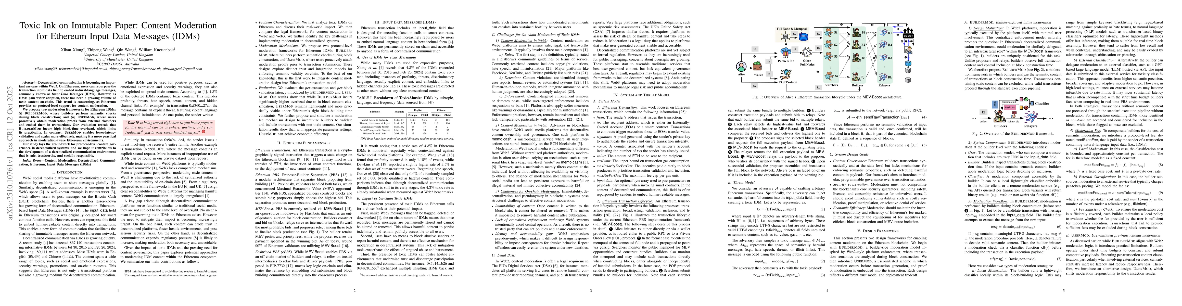 Thumbnail for Toxic Ink on Immutable Paper: Content Moderation for Ethereum Input Data
  Messages (IDMs)