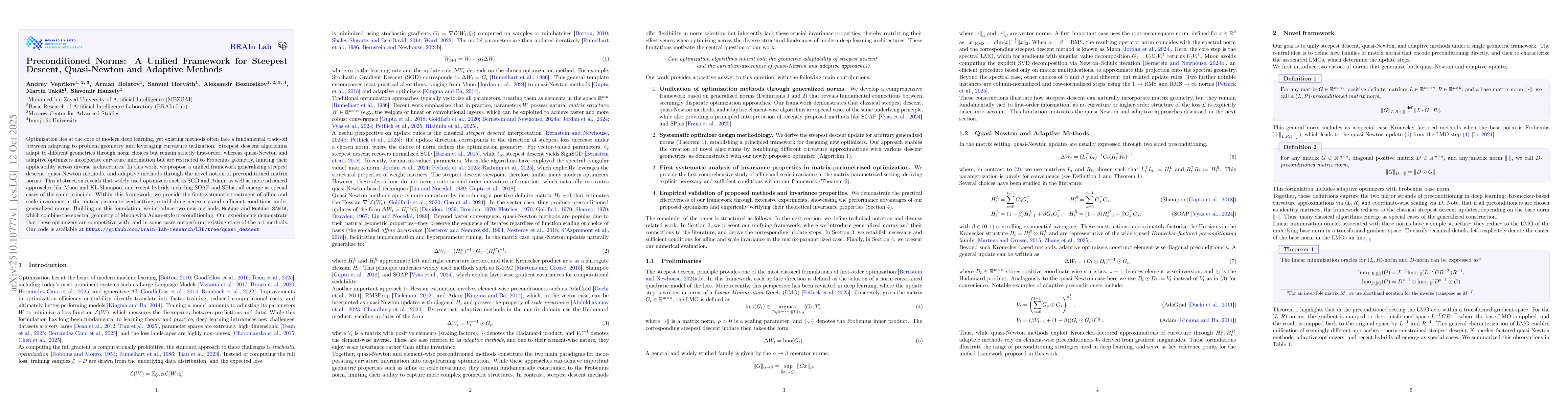 Thumbnail for Preconditioned Norms: A Unified Framework for Steepest Descent,
  Quasi-Newton and Adaptive Methods