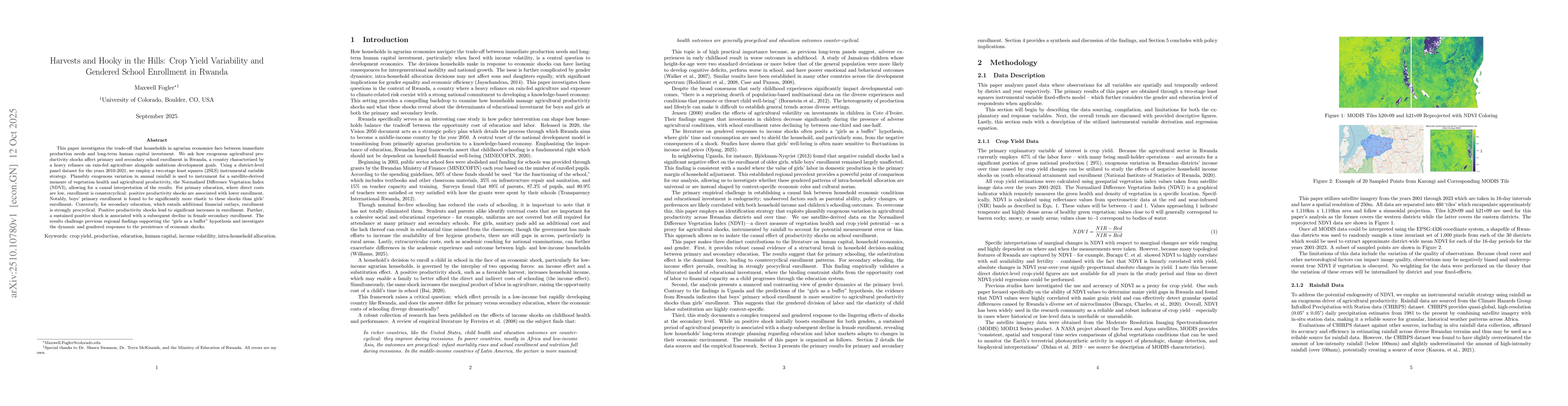 Thumbnail for Harvests and Hooky in the Hills: Crop Yield Variability and Gendered
  School Enrollment in Rwanda