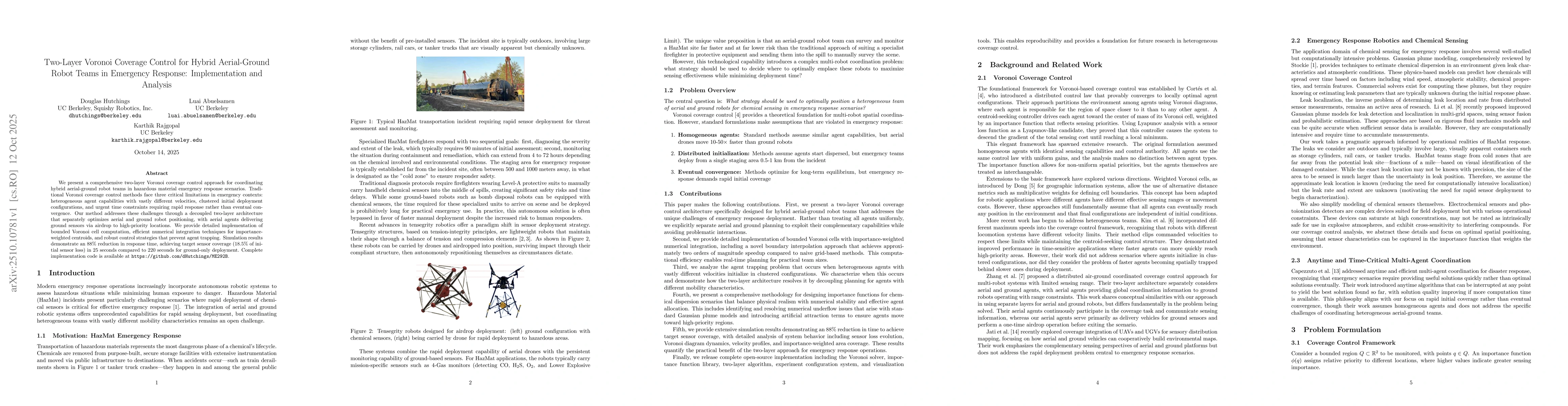Thumbnail for Two-Layer Voronoi Coverage Control for Hybrid Aerial-Ground Robot Teams
  in Emergency Response: Implementation and Analysis