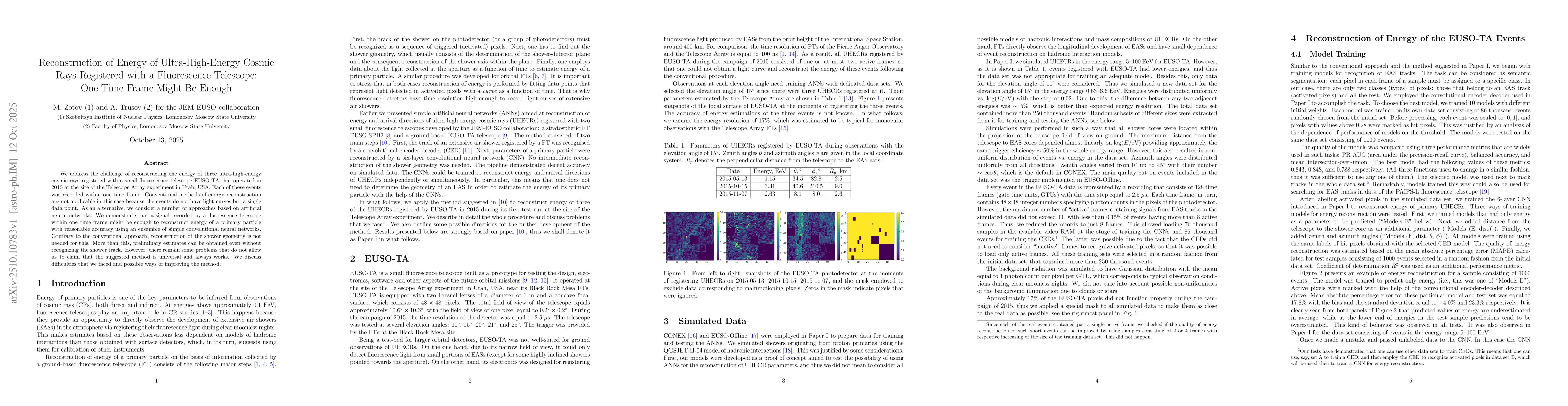 Thumbnail for Reconstruction of Energy of Ultra-High-Energy Cosmic Rays Registered
  with a Fluorescence Telescope: One Time Frame Might Be Enough